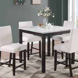 ✅️✅️5 pc dark finish wood white faux marble top square counter height dining table set✅️