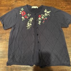 Alfred Dunner Navy Floral Embroidered Cardigan Sweater Button Front S