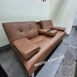 🛑 Convertible Sofa w/Fold Down Table, Brown Faux Leather, Sofa Bed, New in the Box.