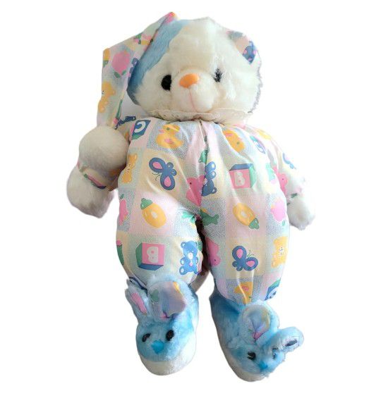Vintage ABC Teddy Bear Plush Pastel Blocks Stuffed Animal Blue Bunny Slippers