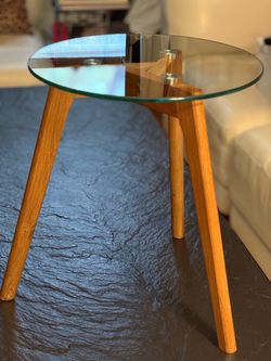 MCM round side table, glass top
