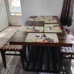 Table Set with 2 Leather Benches 