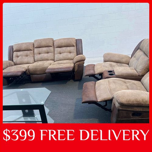 Brown/Tan 2 piece RECLINER SET INCLUDING TV STAND sectional couch sofa recliner (FREE CURBSIDE DELIVERY)