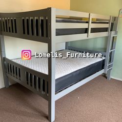 Full/Full Gray Wooden Bunk bed w. Ortho Mattresses Included 