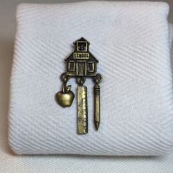 JJ School House Tac Pin With Apple, Ruler And Pencil Dangle Charms