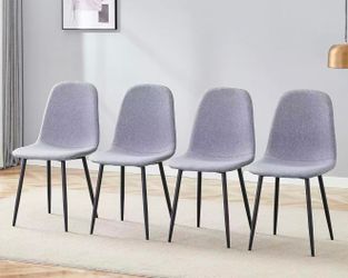 New assembled Modern Dining Chairs Set of 4, Light Gray Linen Upholstered Armless Chairs with Black Metal Legs - High Resilience Accent Chairs for Kit