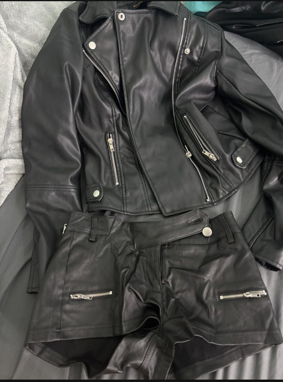 Faux Leather Jacket Short Set Size Small