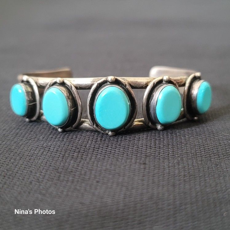 VTG Native American Sterling Silver Five Turquoise Stone Cuff Bracelet Unsigned