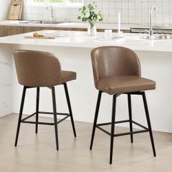 2X Brown 27” Swivel Faux Leather Barstools 