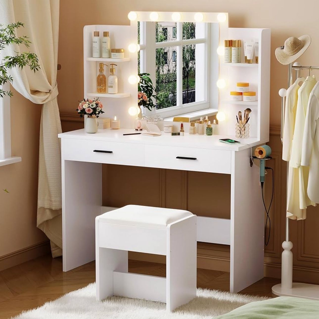 Makeup Vanity with LED Lighted and Large Mirror, Vanity Desk with Drawers & Power Outlet