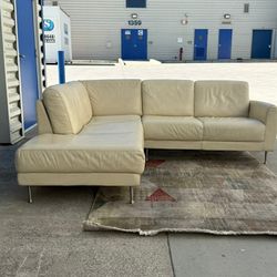 (Sold) Beige Leather Mid Century Modern Sofa