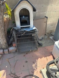 Medium dog crate, small dog house, medium dog cot, medium dog food bowls, used
