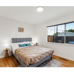 Queen Bed Set – Frame + Hybrid Mattress + 2 Walnut Side Tables 