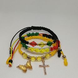 Yellow Butterfly And Cross Macrame String Beads Bracelet Set Of Three 7.5 Inches 
