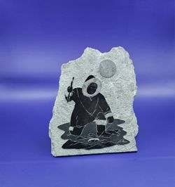 Vintage Original Siku Canadian Soapstone Plaque  of an Inuk Ice Fishing 
