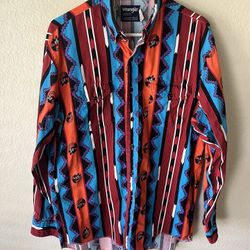 Vintage Wrangler Brushpopper Colorful Aztec Print Button Up Shirt Mens 16.5 / 34