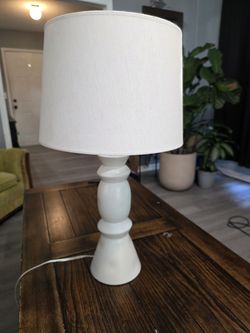 White Ceramic Stacked Table Lamp with Linen Drum Shade