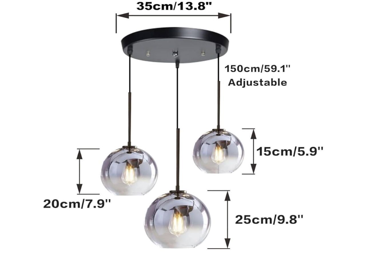 KCO Lighting Modern 3 Light Hanging Light Fixture Silver Gradient Glass Globe Pendant Ceiling Lighting with Adjustable Cord Mid Century Hanging Chande