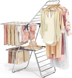 Large Stainless Steel Clothes Drying Rack with 4 Wings Fully Assembled, Drying Rack Clothing with Height-Adjustable, Foldable Gullwings, Indoor Outdoo