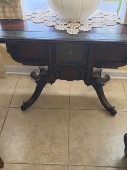 Vintage Dark Wood Carved Drop Leaf Console Table
