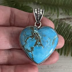 Genuine Turquoise Gemstone Heart 1.8” Silver Pendant#29