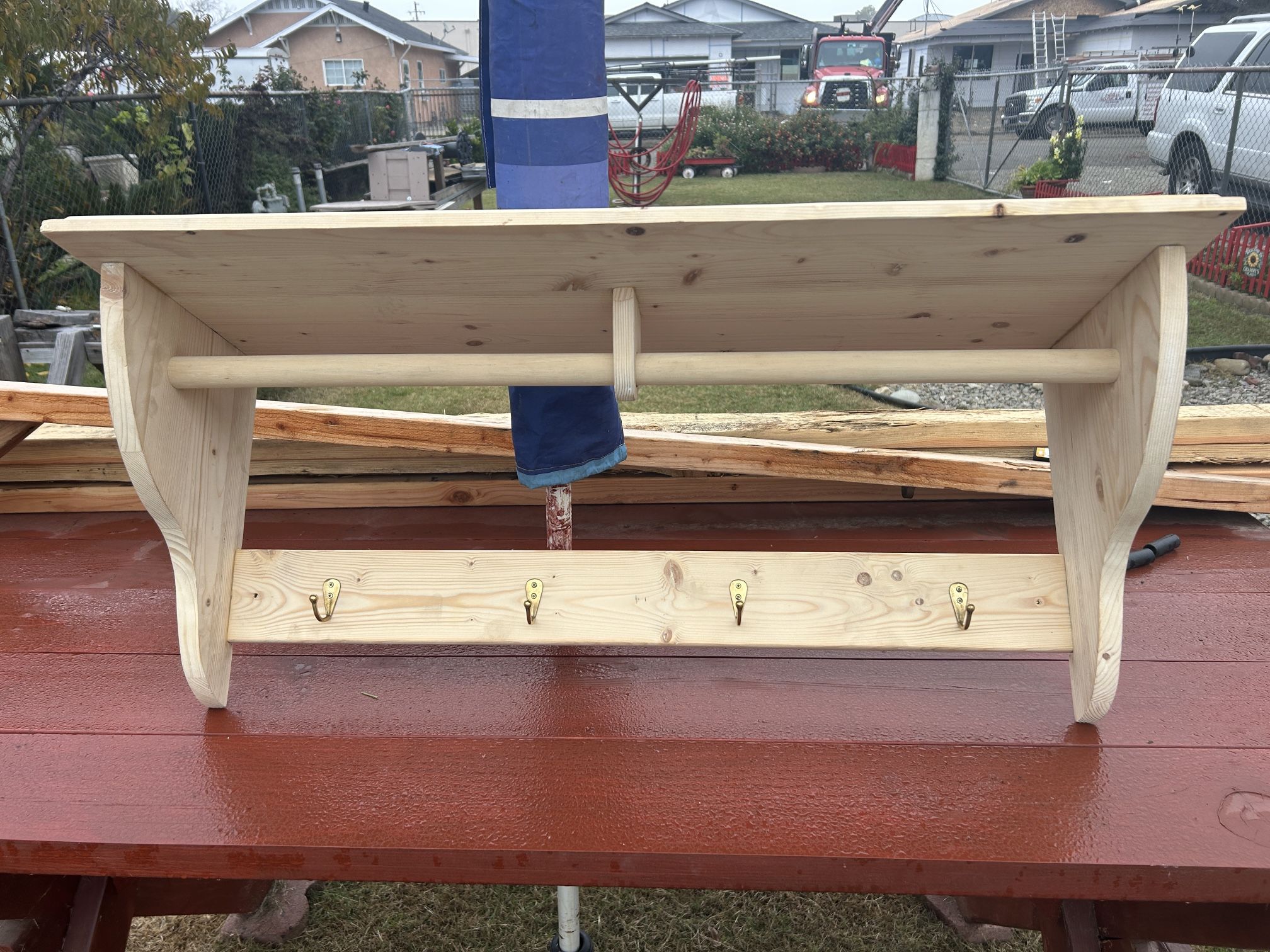 34x15x12 Unfinished Pine Shelf W/dowel & Hooks