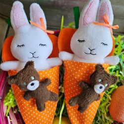 Easter Bunny In Carrot Bed Basket Gift Handmade 