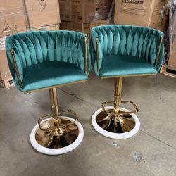Green Velvet Bar Stools Set of 2 - Modern Adjustable Swivel Counter Height Chairs with Woven Back, Gold Metal Leg & Base Bar Chair for Kitchen Island,