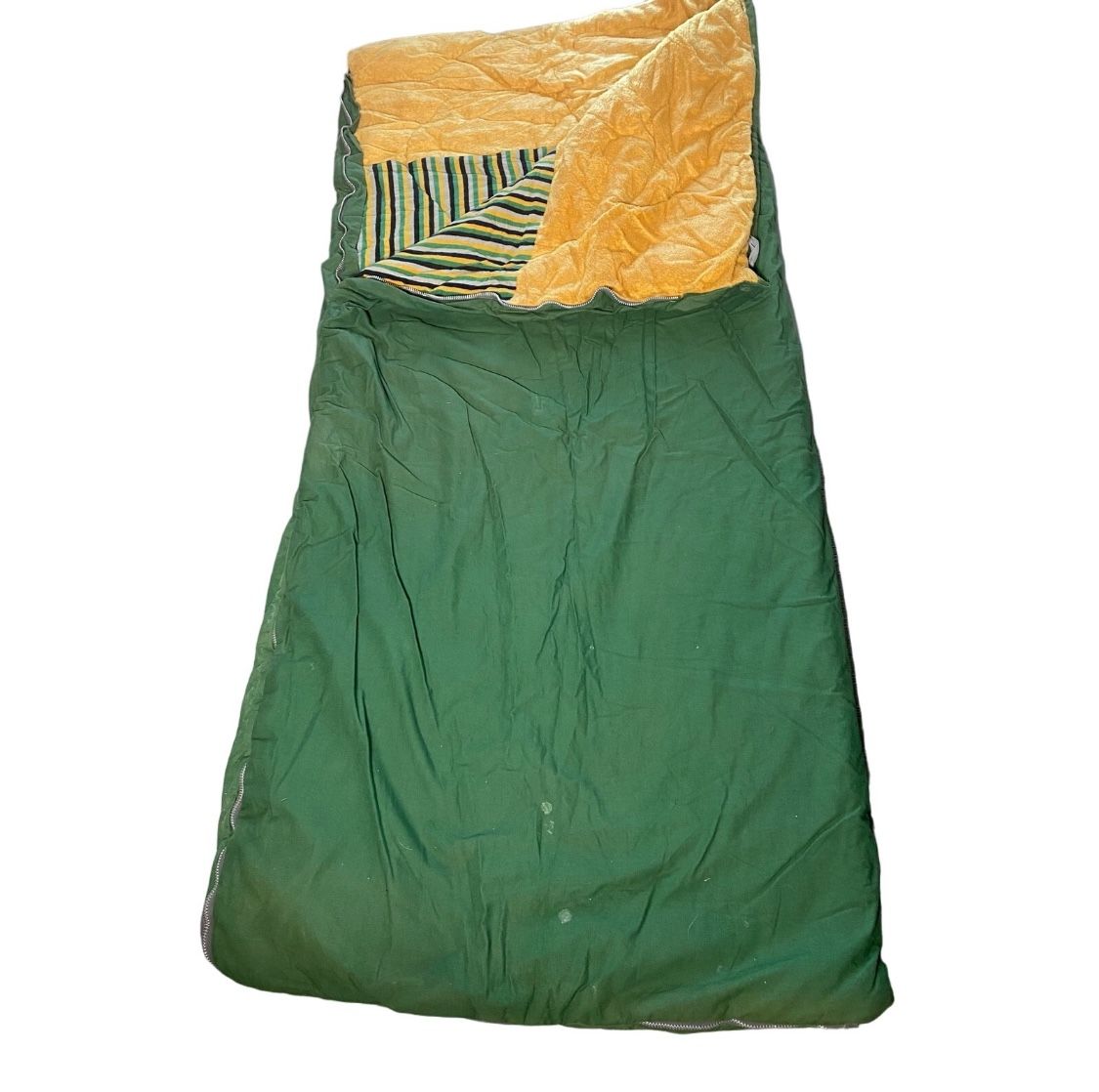 Vintage Green Canvas Sleeping Bag wYellow Fleece/Blanket Liner Carrying Bag