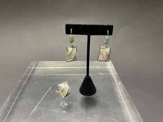 Set of 3 Vintage Russian Art Deco Sterling Filigree Earrings & Ring w/Green Turquoise Inlay, Marked :( 26.8 grams) 