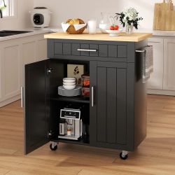 Black Kitchen Island Cart with Storage Cabinet & Counter Space