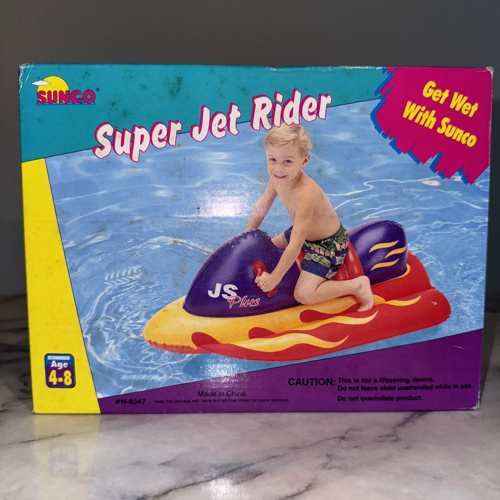 NIB Vintage 1998 Sunco Super Jet Rider Kids Inflatable Pool Float Toy Jetski Brand new and factory sealed. From 1998. 230 handles and five air chambe