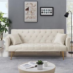 72''Modern Velvet Sofa Bed Futon,Convertible Folding Sleeper Couches with 3 Adjustable Backrests,Tufted Recliner Love Seat Golden Chrome Legs for Livi