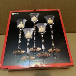 5 Piece Amber Glass Candle Set 