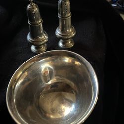 Sterling Silver Salt And Pepper Shakers And Small Bowl 