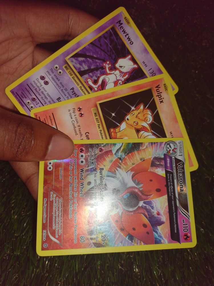 Pokemon Cards Mewtwo, Volcarona, And Vulpix