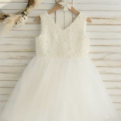 A- Line V-neck Knee Length Satin/Tulle Flower Girl Dress
