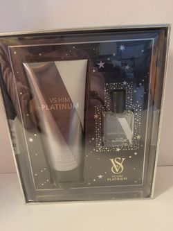 Victoria's Secret VS Him Platinum Mini Fragrance Duo Gift Set, featuring a travel-size body lotion (3.4 fl oz) and a miniature cologne