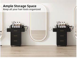 Set of two Salon Station for Hair Stylist, Salon Station Cart with Wheels Hair Stylist Beauty Barber Station, 6 Hair Dryer Holders & 3 Drawers, Black 