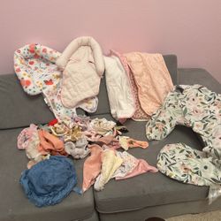 Baby Girl Lot- LOTS of Bows, Car seat Inserts, Boppy Pillow Cover,  Copper Pearl Burp Rags, Bibs
