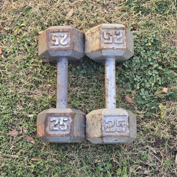 Pair Of 25lb Hand Weights Dumbells Workout Weights Iron Metal Grip Hexagon