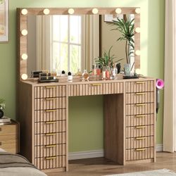 15 Drawers Fluted Vanity Desk with Glass Top, 47" Makeup Vanity with Large Mirror and 12 LED Lights, Dressing Table with Power Outlet for Bedroom, Nat