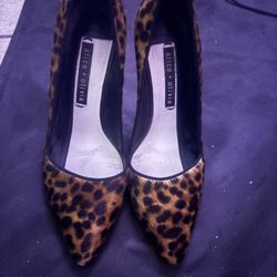 Alice + Olivia Calf Hair Animal Print Pumps fur heels corset back shoes 