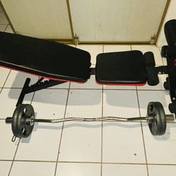 Weigh Bench, Curl Bar, Weights