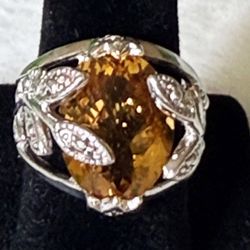 New, Custom Made, 925 Sterling Silver Leaf Motif, oval 12x16mm Madeira Citrine in a Bezel Mounting, Size 7