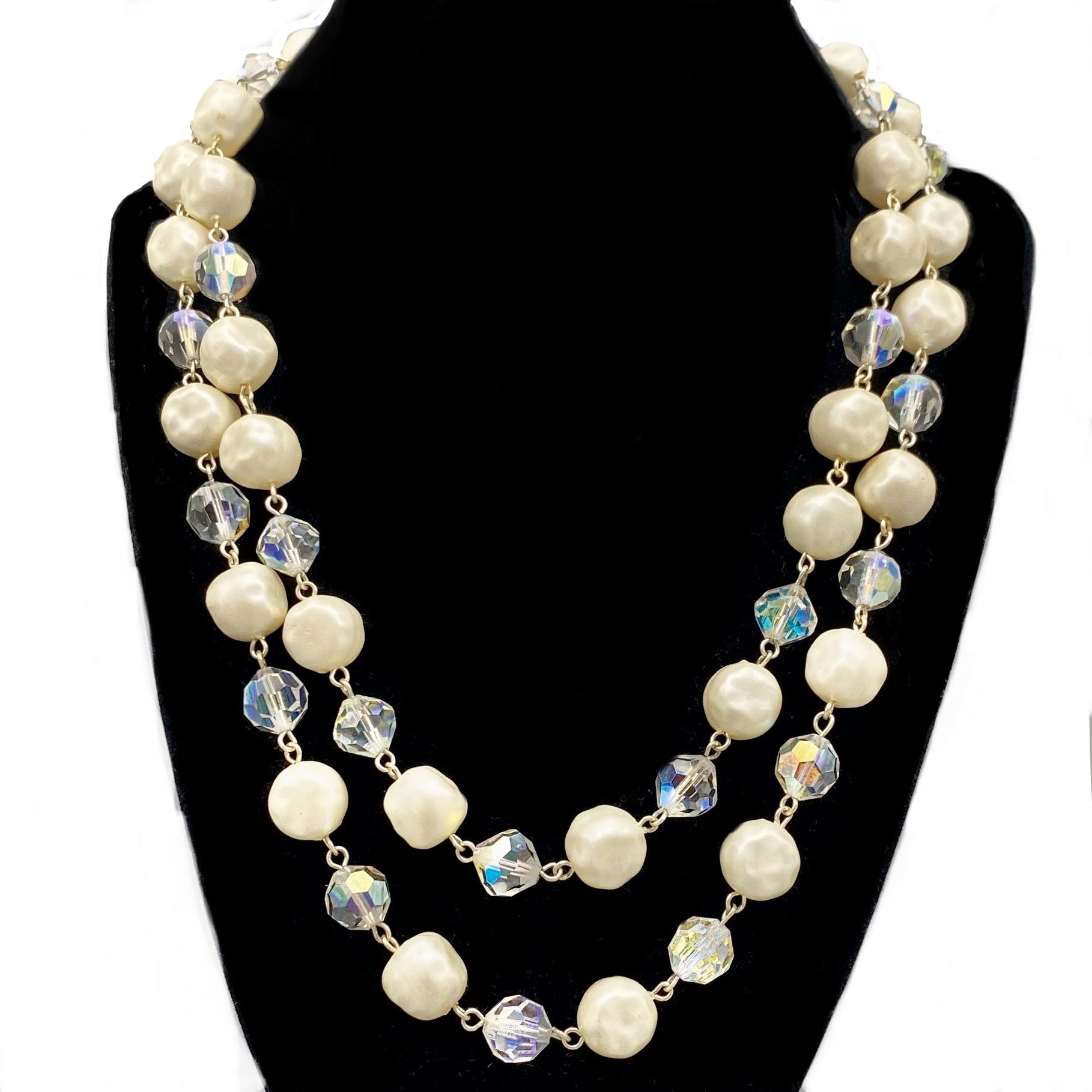 Vintage 1950s Japan Double Stand Repeating Large Simulated Cream Pearls Round Faceted Clear AB Crystal Beads Choker Necklace, Bridal Jewelry