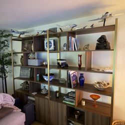 Napa Wood Bookcase Cabinet, Bottom Storage, Adjustable Book Shelves, in Walnut & Brass 