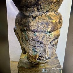 Antique Metal Buddha Head On Base