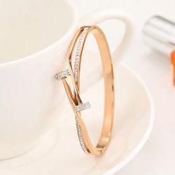 Double Crystal Nail Head Cross Stainless Steel Bracelet For Woman 