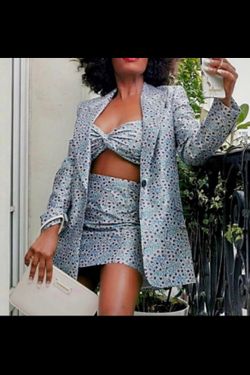 Zara Blue Floral Skirt And Blazer Set 